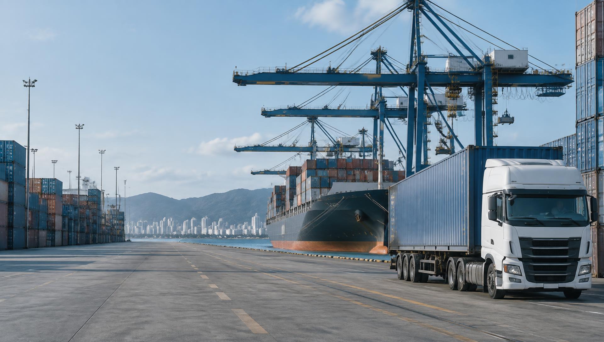 Camión de carga y contenedores en una terminal portuaria